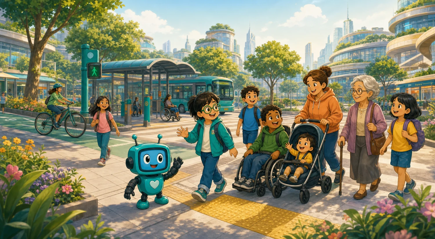 Children, caregivers, an older adult, and a friendly city-helper robot moving through an inclusive smart city street