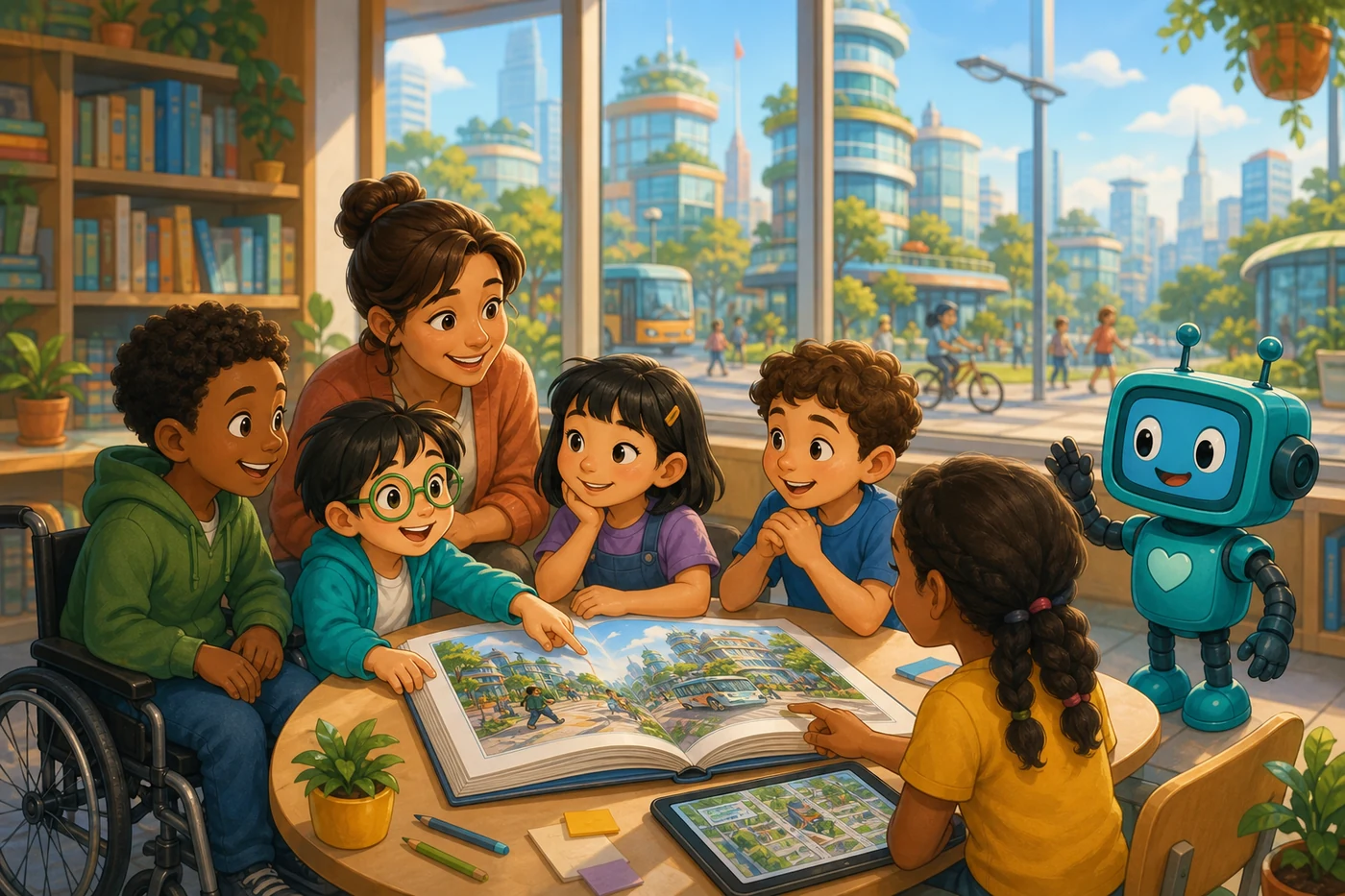 Children and a facilitator discussing inclusive smart city ideas around an open illustrated book